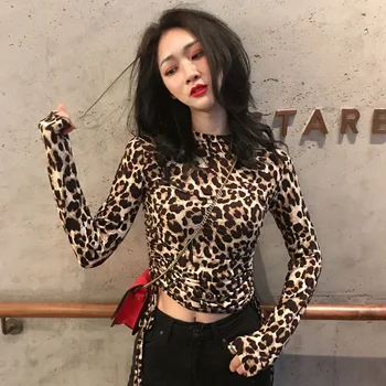 Leopard rudenį Naujų Korėjos Moterų Drabužių mados paprasta plona, elastinga Raišteliu nėrinių ilgomis rankovėmis stovėti seksualus pasėlių top marškinėliai
