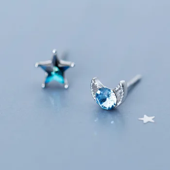 Mados 925 Sterlingas Sidabro Asimetrinė Blue Crystal Star Mėnulis Stud Auskarai Brincos Kalėdų Dovanos Mergaitės Draugas Papuošalai