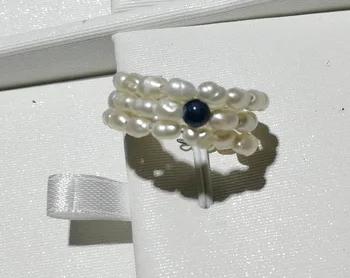Mados Moterų Papuošalai natūralių perlų 3 Eilių Žiedas 2x4mm white pearl tamsiai mėlynos spalvos karoliukų, rankų darbo žiedais, reguliuojamo dydžio dovana