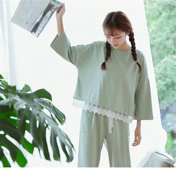 Medvilnės Pižama Moterims Sleepwear Nustatyti Pijama Mujer ilgomis Rankovėmis moteriškų Drabužių Pavasario Vasaros 2021 Nėrinių Namų Drabužiai Moterims