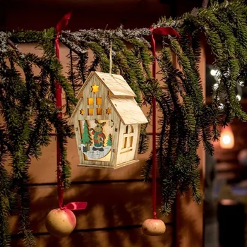 Mielas Mini Medienos Namas LED Kalėdų Eglutės Ornamentas 