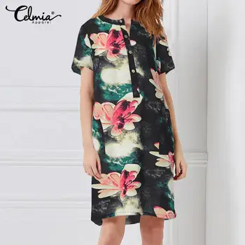 Mini Suknelė 2021 Celmia Medvilnės Suknelė Moterims Bohemijos Gėlių Atspausdintas Trumpas Rankovės Sundress Vasaros Atsitiktinis Laisvi Marškinėliai, Suknelės