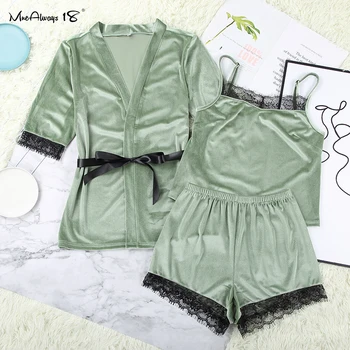 Mnealways18 Sexy Nėrinių Aksomo Pižama Moterims, Elegantiškas Žiemos Mantija Rinkiniai Green 3 Dalių Rinkinys Moterų 2020 M. Pusė Rankovės Sleepwear Kostiumai