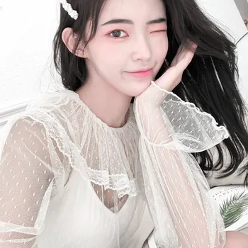 Moteris Tshirts Rudens Pradžioje Korėjos Mados Prarasti Cute Lėlės Apykakle Ilgomis Rankovėmis Nėrinių Akių Dugno Top Marškinėliai Vestido De Mujer