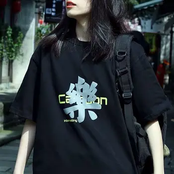 Moterys Trumpas Rankovės marškinėliai Spausdinti Kinijos Žodžiai Laisvi Atsitiktinis Aukštos Kokybės O-kaklo Streetwear Mados korėjos Stiliaus Paprasta Prašmatnus INS