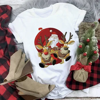 Moterų Mados Kalėdų Harajuku Trumpas Rankovės marškinėliai Balti, Tinkamas Visais metų laikais Marškinėlius Viršūnes Drabužiai Nauji Mielas šiaurės Elnių Marškinėliai