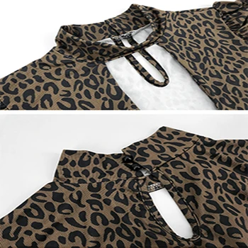 Moterų Rudenį Leopardas Spausdinti Mini Suknelė Žiemos Mados Seksualus Golfo Tuščiaviduriai Iš Low-cut Plisuotos Sluoksniuotos Rankovėmis Slim Derliaus Suknelės