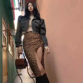 Moterų Sijonas Plonas Aukštos Juosmens Padalinta Y2K Gotikos Atsitiktinis Elegantiškas Leopard Kelio Ilgio Sijonas Moterims Rudenį Seksualus Šalies Streetwear