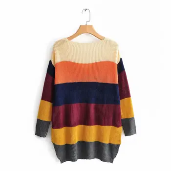 Moterų laisvi ir universalus spalvų kontrastas Vaivorykštė Juostele Megztinis ilgomis rankovėmis megzti sweaterwomen Elastingumą Megztiniai Pavasario