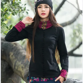 Moterų megztinis moteriška rudens-žiemos Ispanija stiliaus plius dydis etninės derliaus hipių ilgomis rankovėmis golfo black t-shirt