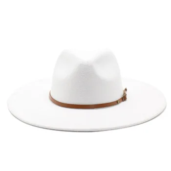 Moterų skrybėlės žiemos didelis kraštų 9.5 cm vientisų spalvų juostos diržo fedora skrybėlės chaki juoda balta lauko apvalus viršuje džiazo kepurės vyrų žieminės kepurės