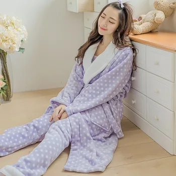 Moterų žiemos pajama komplektai rausva, levandų skraiste tinka medvilnės pižama tinka raukiniai sleepwear vonia, chalatas, kambariniai chalatai 3 dalių rinkinys