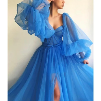 Musulmonų Mėlynos Spalvos Tiulio Plius Keltas Suknelės Oficialią Vakaro Šalis, Chalatai Vestido De Festa Visas Uždusęs Rankovėmis Chalatas De Soiree Pavasario 2021