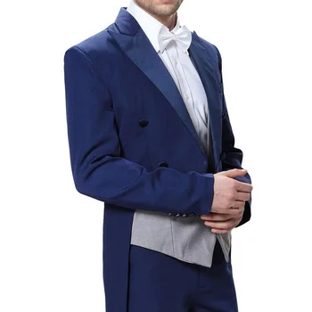 Mėlyna Jaunieji Tuxedos Pasiekė Atvartas Vestuvių Kostiumai Vyrams Trijų Dalių Prom Mados Jaunikis Mens Kostiumas ( Striukė+Kelnės+Liemenė+Kaklaraištis)