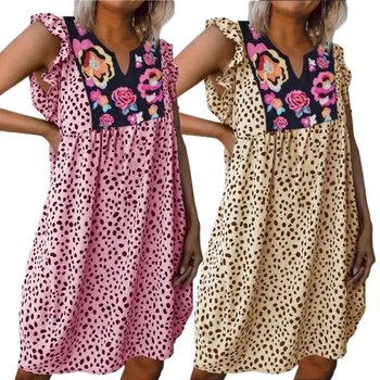 Naujas Atvykimo Atsitiktinis Leopardas Spausdinti Marškinėliai Suknelė Palaidų Gėlių Spausdinti V Kaklo Moterų Suknelė Plius Dydis Drugelis Rankovių Vasaros Suknelė