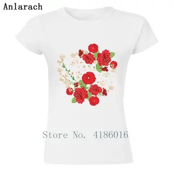 Naujas Moterų Marškinėliai Raudonos Rožės Ir Aguonos Ornamentu Marškinėlius Streetwear Medvilnės Paprastas Kietas, Trumpas Rankovėmis Marškinėliai Dydis S-XL