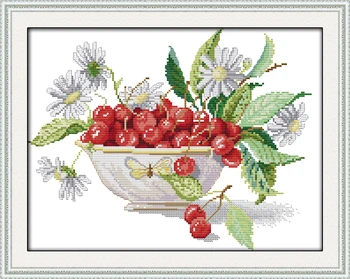 Naujas Vyšnių vaisių dubuo medvilnės kryželiu rinkiniai balta 11ct spausdinimo ant drobės siuvinėjimo rinkinys siuvimo rankų darbo amatų namų dekoro