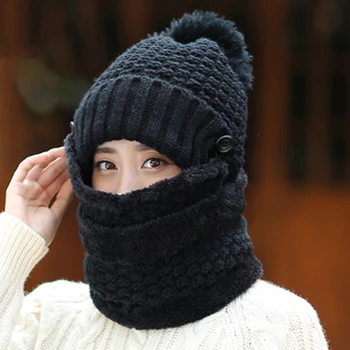 Naujas Šiltas Žiemą, Skrybėlės Moterims Su Kvėpavimo Kaukė 2In1 Megzti Skrybėlę Mergina Pompoms Skrybėlę Pridėti Kailio Pamušalu Apsaugos Žiemos Skrybėlę