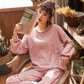 Naujausias Rudens Moterų Pižama, Megztos Medvilnės Moterų Pajama Nustatyti ilgomis Rankovėmis Saldus Atsitiktinis Dviejų dalių Rinkinys, Moteriški Pižamos Sleepwear