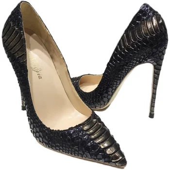 Nemokamas pristatymas seksuali Moteris Panele juoda python gyvatė point kojų aukštakulniai bateliai, aukštakulniai batai siurbliai 10cm, 12cm 8cm Paprasta Batai