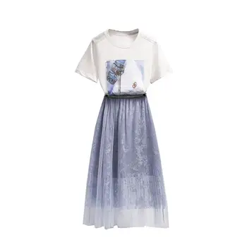 Net šydas, sijonas, dviejų dalių pavasario vasaros Hepburn mados prancūzų stiliaus platycodon grandiflorum sijonas migla mėlyna, sijonai, moterų apranga