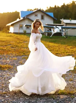 Nuimamas Ilgio Sluoksniuotos Rankovėmis Vestuvių Suknelė Boho Perlai Nėrinių Paplūdimio Nuotaka Chalatai 2021 Brangioji Princesė Vestuvių Šalis Suknelė Plius