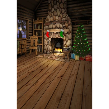 Paprotys Kalėdų medžio, akmens židinys, medinės grindys, vinilo audinio fotografija backdrops vaikams foto studija, portreto fonas