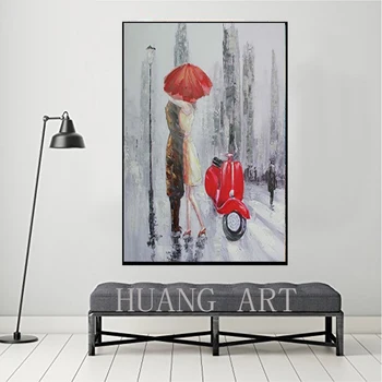 Pardavimo šiuolaikinio menininko rankų kokybės raudonas skėtis romantiška aliejaus tapybos mėgėjams pabučiuoti lietų sienos nuotraukos, veranda yra