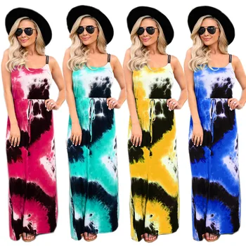 Pavasario/Vasaros Multi-color tie dažai Spausdinti Spageti Dirželis Moterų Suknelė MIDI Ilgio Prarasti Seksualus Backless Rankovių Plius Dydis Suknelės