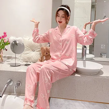 Pižama Ilgomis Rankovėmis Naują Pavasario Kombinezonas Korėjos Gražių Meilės Mergina Šilko Namų Drabužių Dropshipping Dviejų Dalių Komplektas Vasaros Sleepwear Moterims