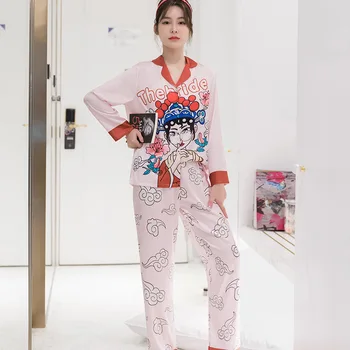 Pižama Nustatyti Moterų Atlasas Sleepwear Ilgomis Rankovėmis, Kelnės Miego Kostiumas Ponios Kinų Stiliaus Pižamos Namų Drabužiai, Naktiniai Drabužiai
