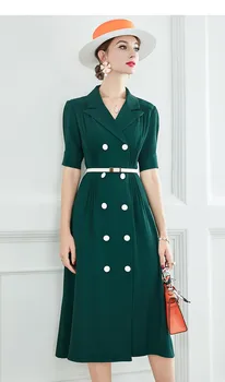 Plius dydis Moterų dvigubo breasted švarkas suknelė vasaros 2020 trumpas rankovės įpjovomis apykaklės office elegantiška vintage suknelės žalia geltona