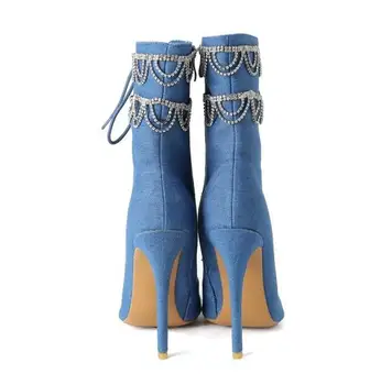 Plus Size 13 Mėlyna Džinsinio audinio Moteriški Batai Batai Pažymėjo Tne Kristalų Kutas Nėriniai-up Džinsai Stiletto auliniai Batai Pritaikyti