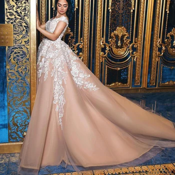Prabangaus Šampano Vestuvių Chalatai Balti Nėriniai Appliqued arabų Moterų Kamuolys Suknelė Vestuvių Suknelė 2020 V-kaklo Nuotakos Suknelė Vestidos