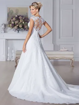 Puikios kokybės užsakymą scoop bžūp rankovėmis matyti per nugaros užtrauktukas mygtuką appliqued nėrinių vestuvių suknelė iki 2016 m. nekilnojamojo