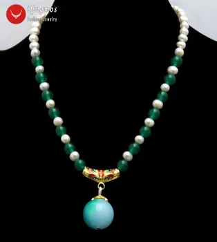 Qingmos Žalia Vienas ir baltos, Apvalios Natūralių Perlų Vėrinį Moterims su 20mm Jades, Karoliukai, Karoliai Pakabukas Chokers Papuošalai 6302