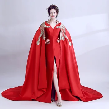Raudona Prabanga vakarinę Suknelę Iliuzija V-Kaklo, Rankovių Chiffion Grindų-Ilgis-Line Siuvinėjimo Elegantiškas Moteris Oficialią Suknelės TS455