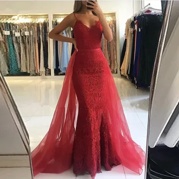 Raudonos Nėrinių Musulmonų Vakaro Suknelės Overskirts Islamo Dubajus Spageti Oficialią Suknelės, Puošnios Tiulio Saudo Arabų Ilgai Prom Dress