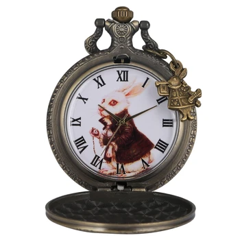 Retro Alice in Wonderland Temą Triušis Kvarco Kišenėje Žiūrėti Bronzos Karoliai Pakabukas Laikrodis Dovana Vyrams Moterims reloj su Priedu