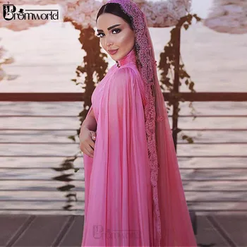 Rožinė Musulmonų Oficialų Vakare Chalatai 2020 Nėriniais, Šifono Islamo Dubajus arabų-Line Vakaro Suknelės Ilgai abiye gece elbisesi