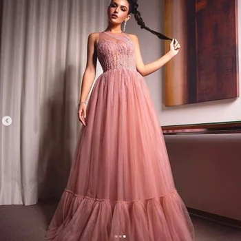 Rožinė prom dresses 2021 vien įgulos iškirpte linija, tiulio ilgas vakarines sukneles duobute šalis suknelė