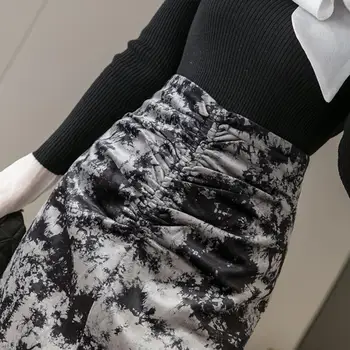 Rudenį, žiemą aukšto juosmens padalinta spausdinti Raukšlės vilnonis sijonas moterų vidutinio ilgio Slim paketo hip-vienas žingsnis sijonas, s462