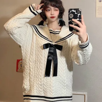 Saldus Girly Stilius 2021 M. Pavasario/Rudens Korėjos Preppy Konkurso Pasakų Sailor Apykaklės Bowknot Elegantiškas Megztinis Mielas Kawaii Moteris Megztinis
