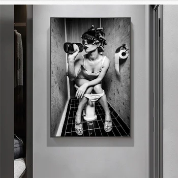 Sexy Mergina Sėdi Tualete, Drobė Menas, Plakatų ir grafikos Juoda ir Balta Drobė Paveikslų ant Sienos Vonios kambarys Cuadro Nuotrauką
