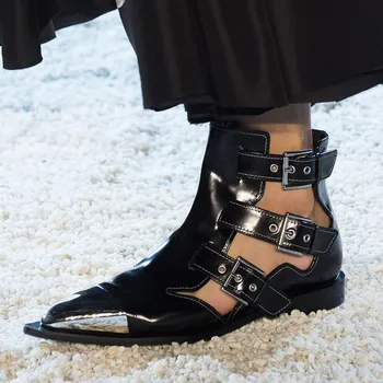 Silla Valdovų 2019 juoda natūralios odos Punk batai moteris, metalo galva butas sandalai moterims pažymėjo tne dirželio sagtis kniedės batai