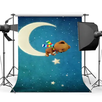 Sweet Baby Shower Fone Šviečia Mėnulis Šmėžavimas Žvaigždėtą Naktį Backdrops Animacinių Filmų Bear Blue Fotografijos Fone