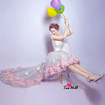 TaoHill Moterų Vakare Hi-low Suknelė-line Stebėjimo Gėlių Aplikacijos Bowknot Diržo Promenadzie Suknelė Nekilnojamojo 2019