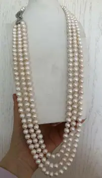Triple sruogos 9-10mm pietų jūros apvalios baltos perlų vėrinį 30-32inch