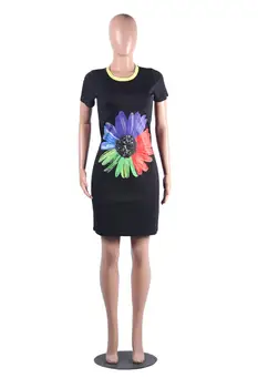 Trumpi Marškinėliai Suknelė Moterims Atsitiktinis Vasaros Suknelė 2020 Trumpas Rankovės Gėlių Spausdinti, O-Kaklo Juoda Bodycon Mini T-Shirt Dress Streetwear