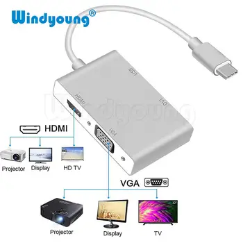 USB C 3.1 Hub C Tipo HDMI VGA DVI USB 3.0 Adapteris 4 in 1 USB C Tipo Konverteris, skirtas 